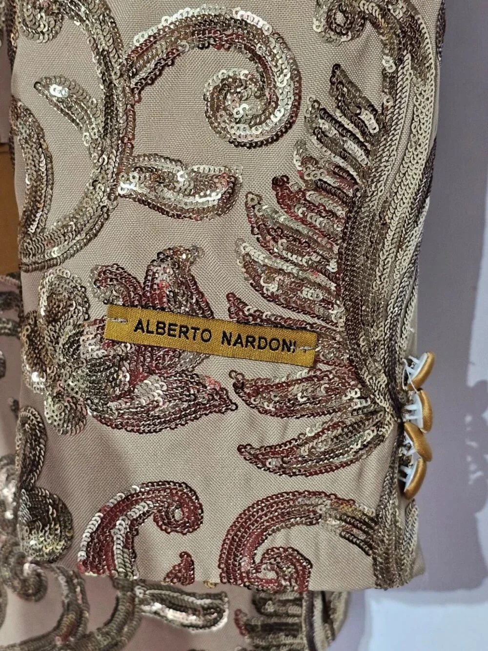NWT Alberto Nardoni Men's Gold Sequin Blazer Shawl Collar Satin Trim Sz S 232